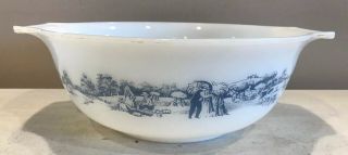 Vintage Glasbake Currier & Ives Farm Milk Glass Mixing Bowl Casserole Handles Lg