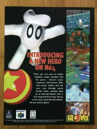 Glover N64 Nintendo 64 1998 Vintage Video Game Print Ad/poster Art Official Rare