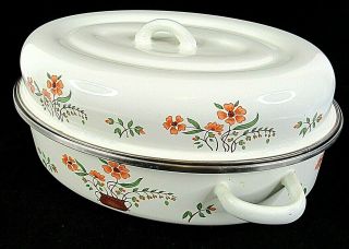 White Enamel Roasting Pan With Lid Floral Design Offset Handles Vintage 13 " X 9 "
