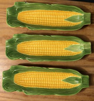 Vintage Corn On The Cob Holders Hand Painted Ceramic Dishes (set Of 3)