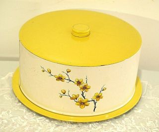 Decoware Tin Pie Cake Cover Pan Vintage Painted Floral Yellow Litho 11 1/2 " Arou
