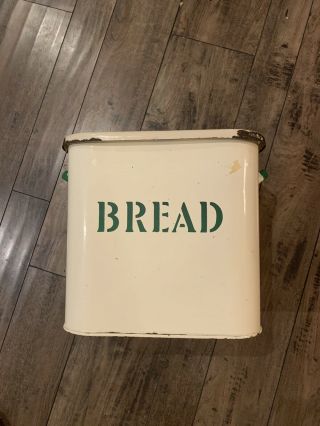 Enameled Metal Bread Box White Green Lettering Large Bread Box W/lid 8 Lbs.