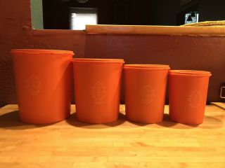 Set Of 4 Vintage Orange Tupperware Nesting Canisters W/lids