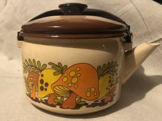 Vtg 60s 70s Sears Merry Mushroom Enamel Teapot Enamelware Tea Kettle Pot Retro