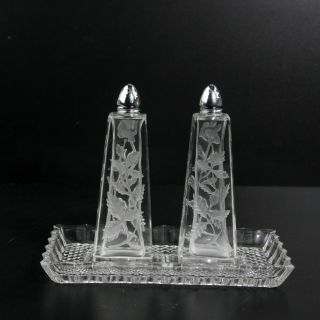Fancy Vintage Crystal Glass Floral Etched Salt And Pepper Shakers W/ Tray 5 - 1/2 "