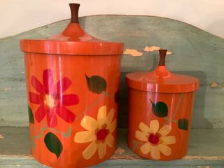 Vintage Retro Mid Century 2 Piece Orange Floral Kitchen Canisters