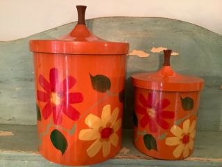 Vintage Retro Mid Century 2 Piece Orange Floral Kitchen Canisters 2