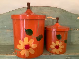 Vintage Retro Mid Century 2 Piece Orange Floral Kitchen Canisters 3