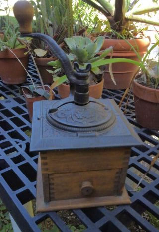 Old Wood & Cast Iron Tabletop Coffee Grinder With Drawer