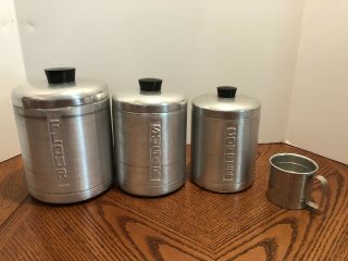 Vtg Aluminum Metal Tin Flour Sugar Coffee Cannisters Italy With Measuring Cup