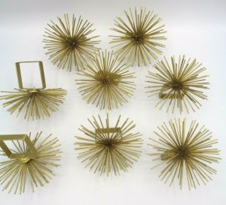 Vintage Mid Century Atomic Starburst Matte Gold Tone Metal Napkin Rings Set of 8 2
