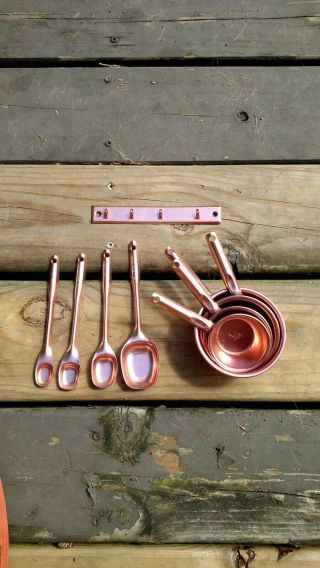 Vintage Set Of Copper - Tone Aluminum Measuring Cups Spoons & Hanger 9 Pc