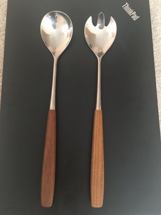 Vintage Salad Fork Spoon Set Wood Stainless Made In Norway