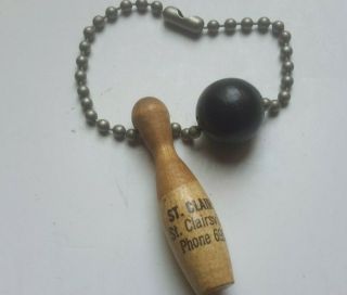 Vintage Wood Bowling Pin And Ball Keychain St.  Clair Lanes St.  Clairsville Ohio