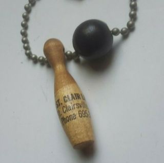 Vintage Wood Bowling Pin and ball Keychain St.  Clair Lanes St.  Clairsville Ohio 2