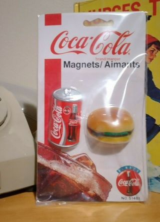 Nos Vintage 1995 Coca Cola Magnets Magnet Set Hamburger & Cola Can In Pkg