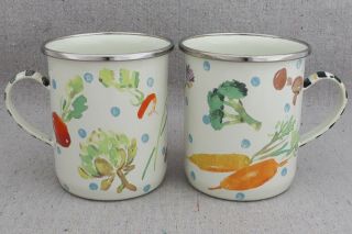 2 Mackenzie Childs Vegetable Garden Courtly Stripe Enamel Tea Coffee Mugs 4 "