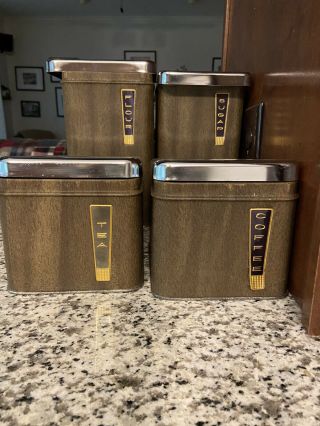 Vintage Lincoln Beautyware Woodgrain Chrome Metal Canister Set With Lids Mcm