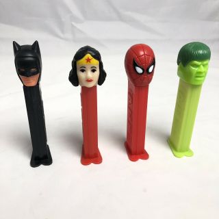 Pez Dispensers 4 Vintage Superhero Batman,  Wonder Woman,  Hulk,  Spiderman 1980’s