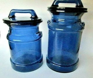 Vintage Set Of 2 Large Cobalt Blue Milk Jug Glass Canisters With Lids