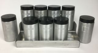 Set 7 Kromex Spun Aluminum Spice Jars With Rack And Salt Pepper Mid Century