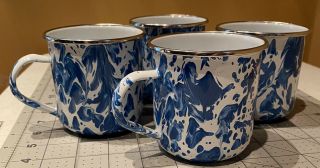The Golden Rabbit Set Of 4 Blue & White Swirl Splatter Coffee Cups Enamelware