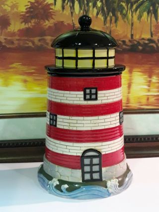 American Atelier Ceramic Red,  White And Black Lighthouse Canister Cookie Jar