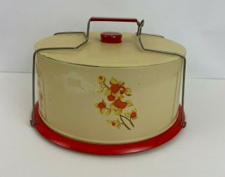 Vintage Decoware Red Flower Mid Century Metal Cake Carrier Saver With Handle