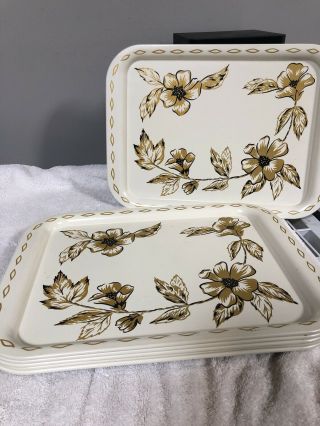 Set Of 6 Vintage Gold And Black Floral On Cream Tv Serving Trays Lap Trays