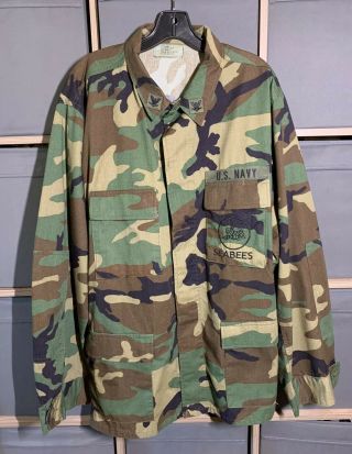 U.  S.  Navy Seabees Woodland Camouflage Combat Coat Sz Xl Long