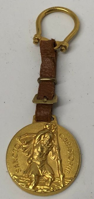 Leather & Brass St ChrIstopher Mid Century Italian Novelty Key Ring / Keychain 2
