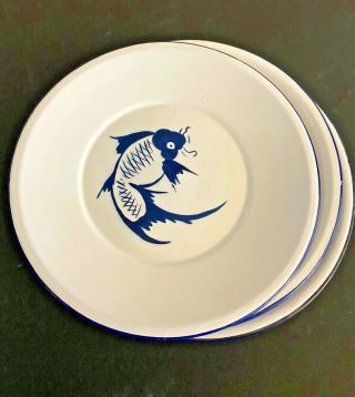 Vintage Butterfly Brand Koi Fish Blue / White Enamel 9.  5 " Plate - Set Of 4