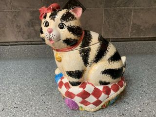 Intl Art China Ceramic Cat Cookie Jar In Basket,  Hand Painted 12” Tall Very Cute
