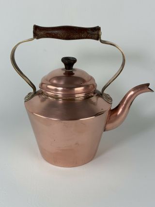 Vintage Made In Portugal Copper Teapot With Lid Wood Handle Marked 8 1/2 " X 9 "