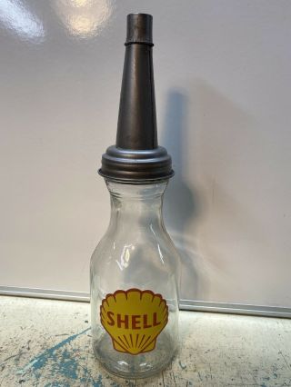 Shell Motor Oil Bottle Spout Cap Glass 1 Quart Vintage Style Gas Station
