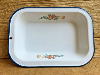 Vintage Enamel Ware Enamelware Floral Basin Bin Rectangle Bowl Blue Stripe Rim