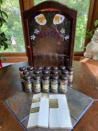 Vintage Wooden Spice Rack Cabinet With Glass Jars Faux Stained Glass 3 Shelves