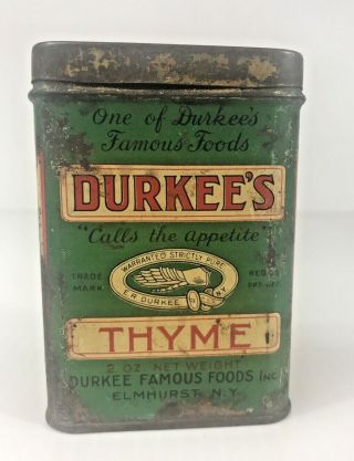 Vtg Durkee’s Spice Tin Thyme 2 Oz Size Rustic Country