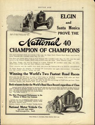 1911 National Motor Vehicle Co.  Ad: Elgin Il & Santa Monica Ca Stock Car Races