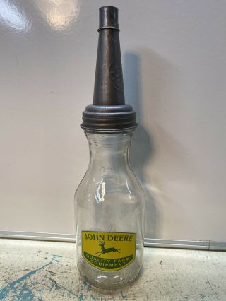 John Deere Tractor Motor Oil Bottle Spout Cap Glass Vintage Style Gas Station