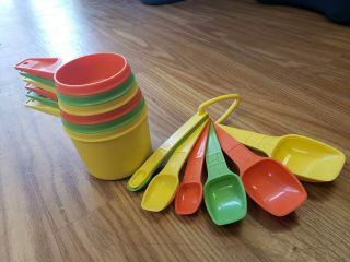 Euc 6 Vintage Retro Orange Green & Yellow Tupperware Measuring Cups And Spoons