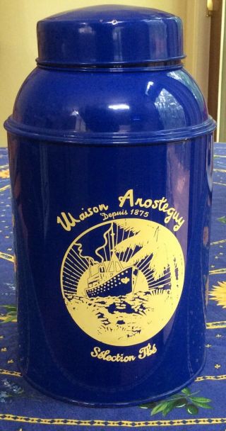 Large Vtg Tin French Tea Canister - Maison Arosteguy France Cobalt Blue Authentic