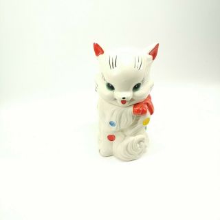 Vintage Fluffy Cat W/polka Dots And Big Red Bow Cookie Jar Marked U.  S.  A.  131a