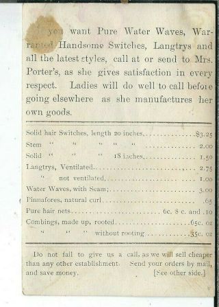 AO - 120 NY,  Cortland,  Mrs J Porter Ladies Hir Goods Victorian Trade Card 2