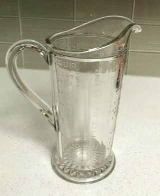 Vintage Depression Era Tall Glass Measuring Pitcher Cup 1 Quart Liquid Flour 9 "