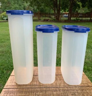 Set Of 3 Tupperware Modular Mates.  Blue Lids Stackable Storage Containers.  Euc