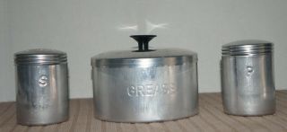 Vintage Aluminum Grease Canister With Strainer And Salt & Pepper Shakers