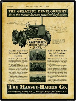 1930 Massey Harris Tractors Metal Sign: General Purpose Model - Racine,  Wi