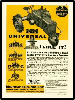Minneapolis Moline Tractors Metal Sign: Universal Model,  Twin City Tractors