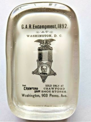 Historical Glass Paperweight G.  A.  R.  Encampment,  1892 Crawford Shoes Oblong B&w